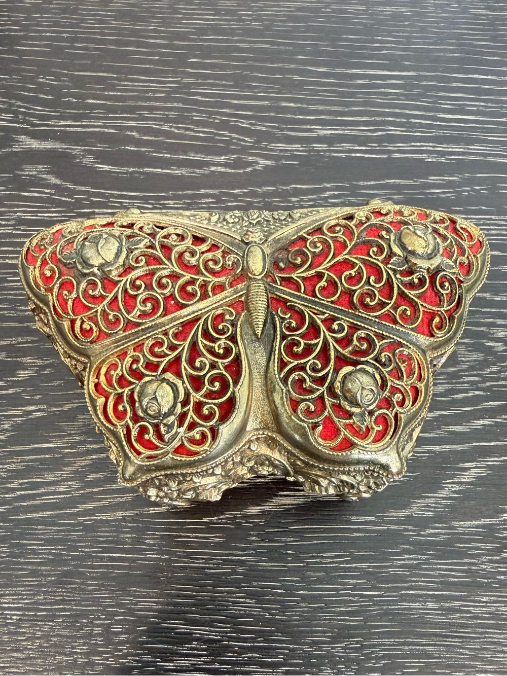 Butterfly Trinket Box VTG Gold Filagree Red Interior Hinged Lid